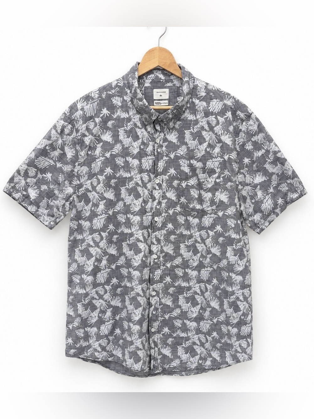 Quiksilver XL Tropical Palm Leaf Button Up Shirt Gray Cotton Beach Surf Casual